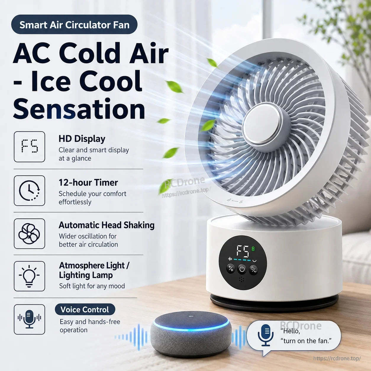 Air circulator fan on table with airflow graphic and feature list: timer, HD display, light, voice control