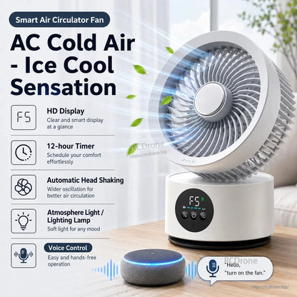 Air circulator fan on table with airflow graphic and feature list: timer, HD display, light, voice control