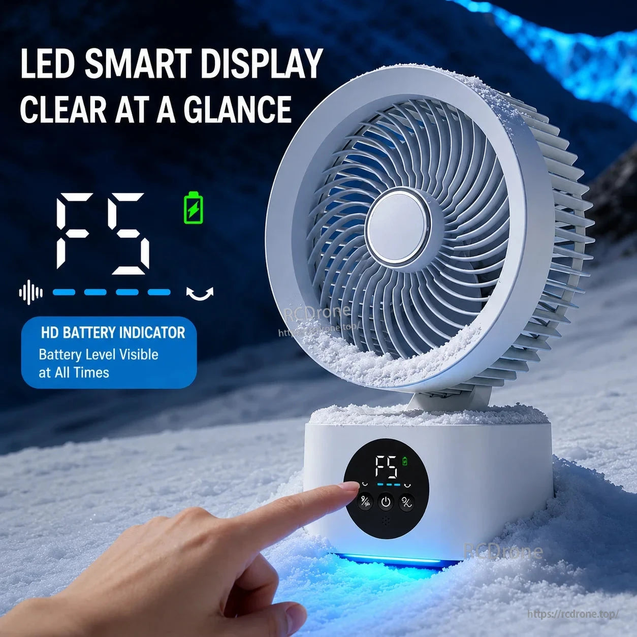 LED smart display close-up graphic with battery indicator icon and finger pressing fan controls