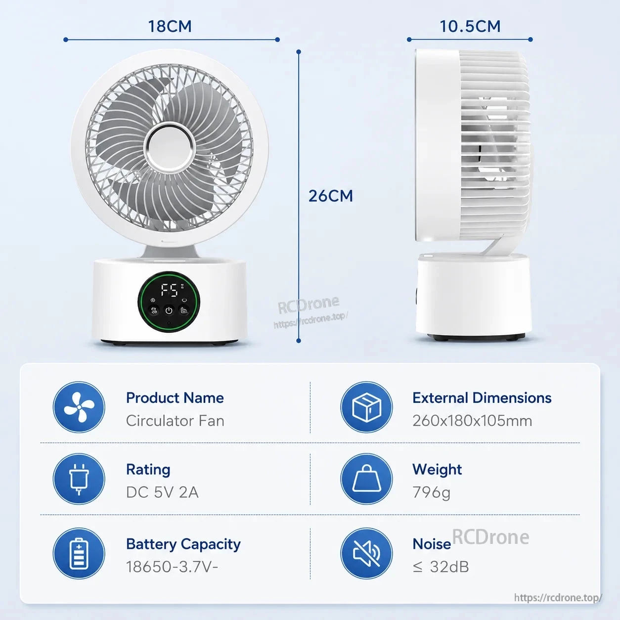 Fan dimensions and specs chart showing 26 cm height, 18 cm width, 10.5 cm depth and DC 5V 2A