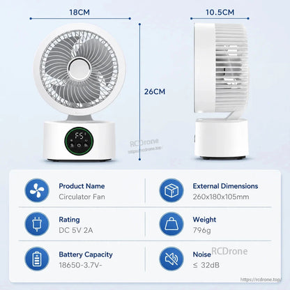 Fan dimensions and specs chart showing 26 cm height, 18 cm width, 10.5 cm depth and DC 5V 2A