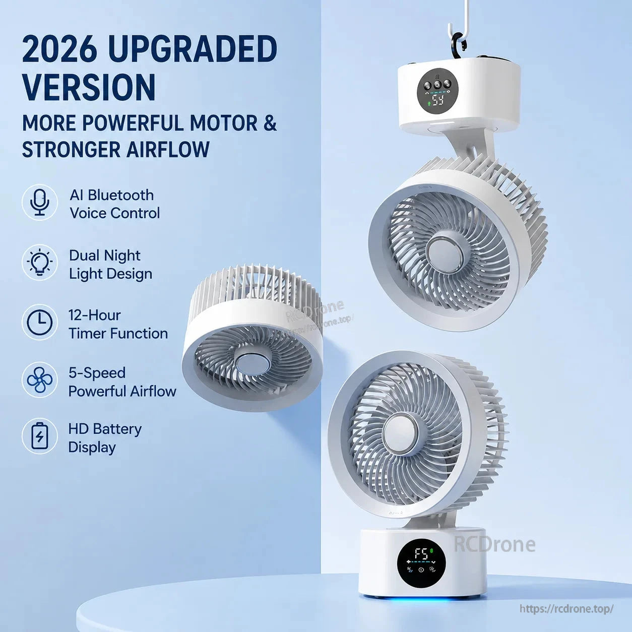 Wall-hanging circulator fan shown suspended and on base, with 12-hour timer and dual night light icons