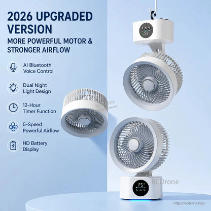 Wall-hanging circulator fan shown suspended and on base, with 12-hour timer and dual night light icons