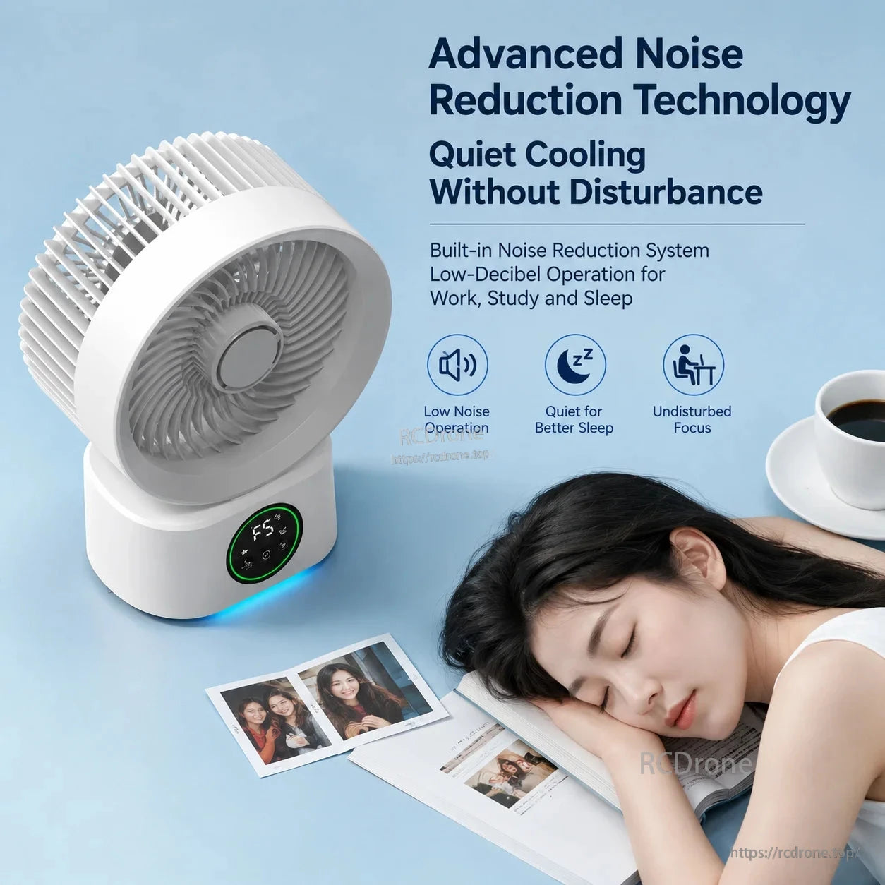 Quiet cooling graphic showing fan beside sleeping person, highlighting noise reduction and low-noise operation