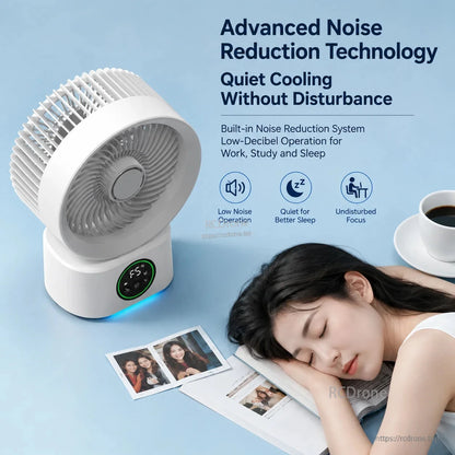 Quiet cooling graphic showing fan beside sleeping person, highlighting noise reduction and low-noise operation