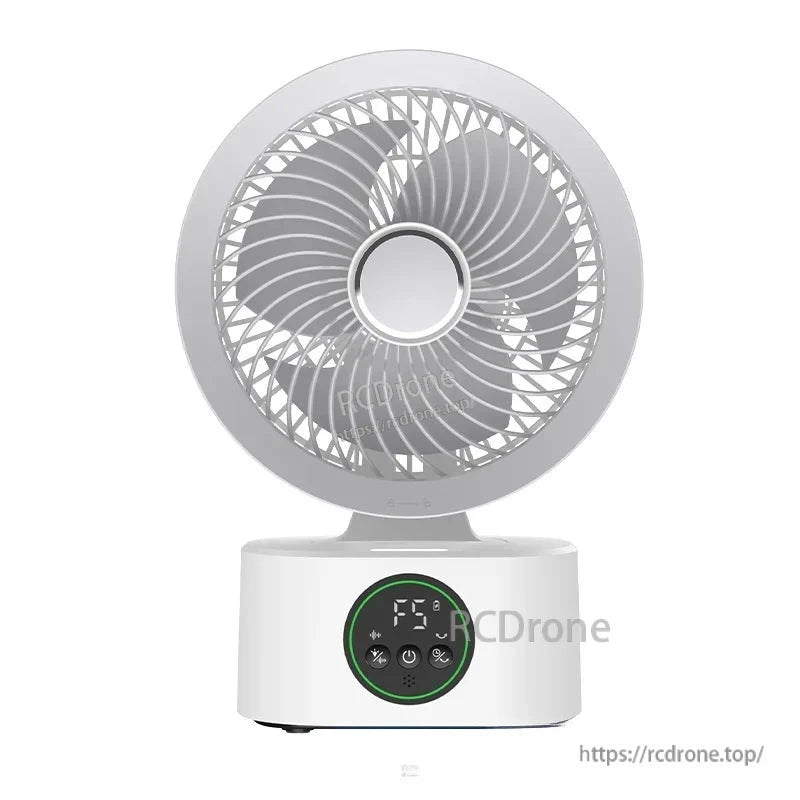 White air circulator fan front view showing spiral grille and digital display panel