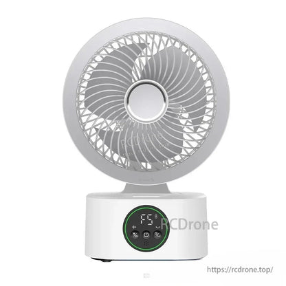 White air circulator fan front view showing spiral grille and digital display panel