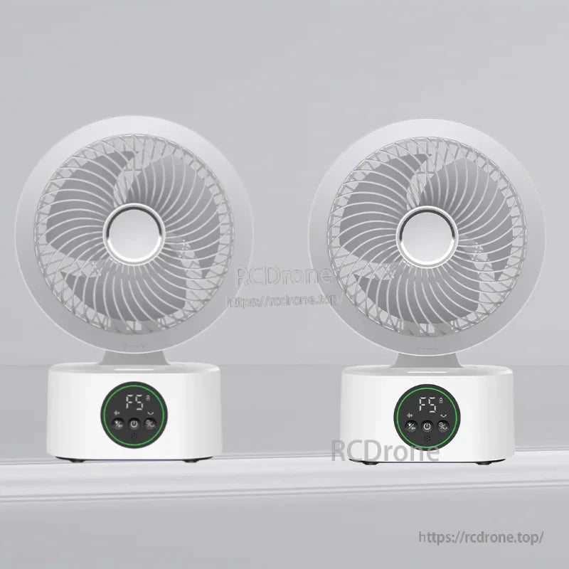 Two white air circulator fans side by side showing matching LED control displays