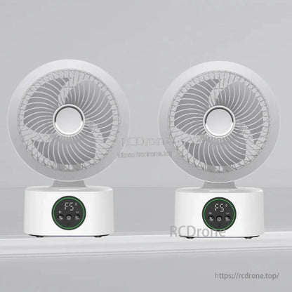 Two white air circulator fans side by side showing matching LED control displays