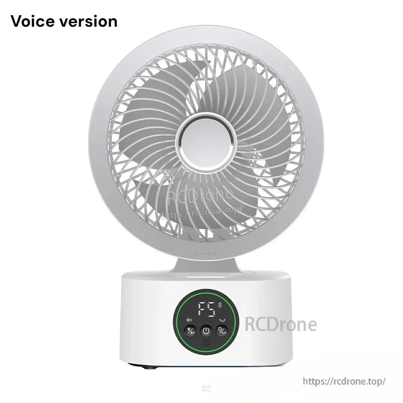 Voice version air circulator fan front view, labeled “Voice version” above the unit
