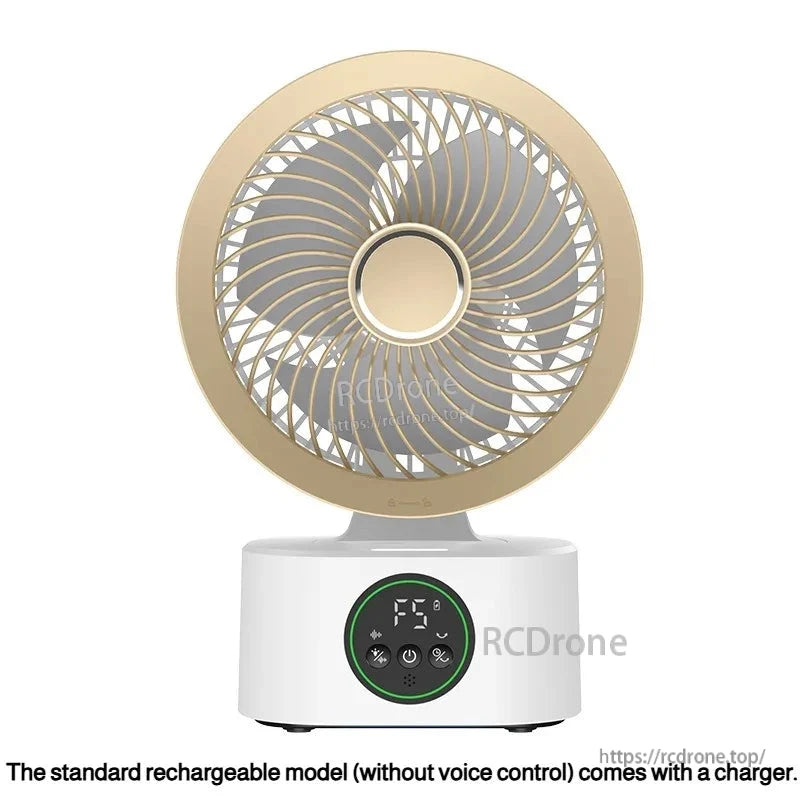 Gold grille fan front view with note: standard rechargeable model without voice control includes a charger