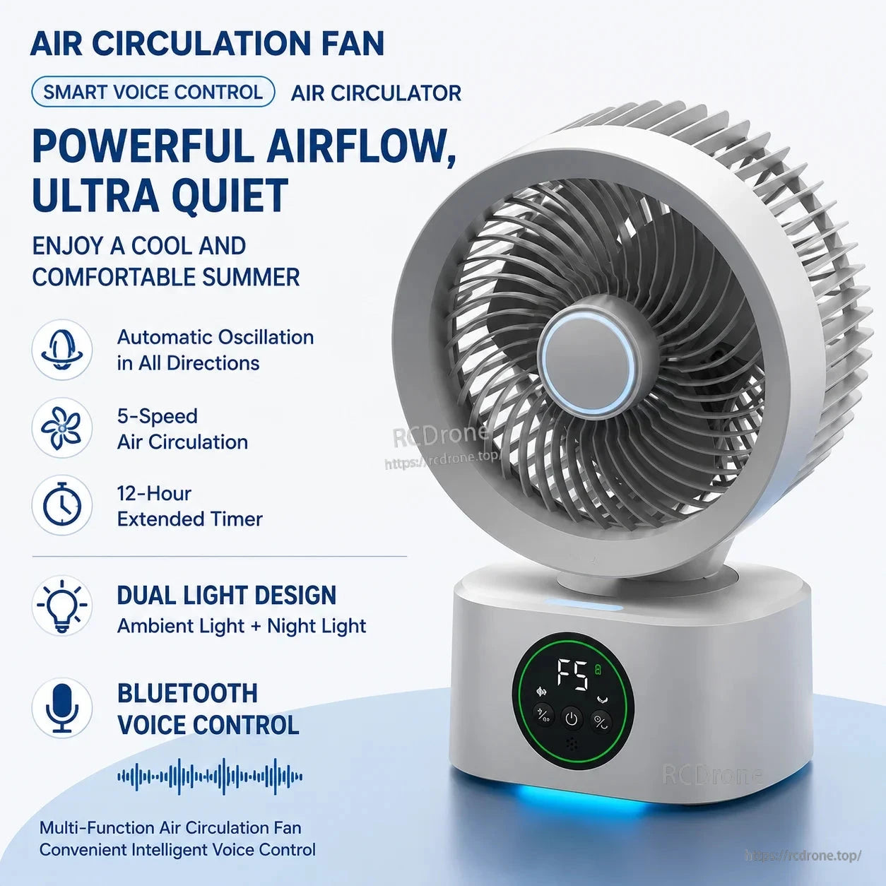Powerful airflow infographic showing oscillation, 5 speeds, 12-hour timer and dual light design