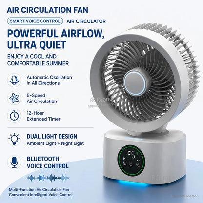 Powerful airflow infographic showing oscillation, 5 speeds, 12-hour timer and dual light design