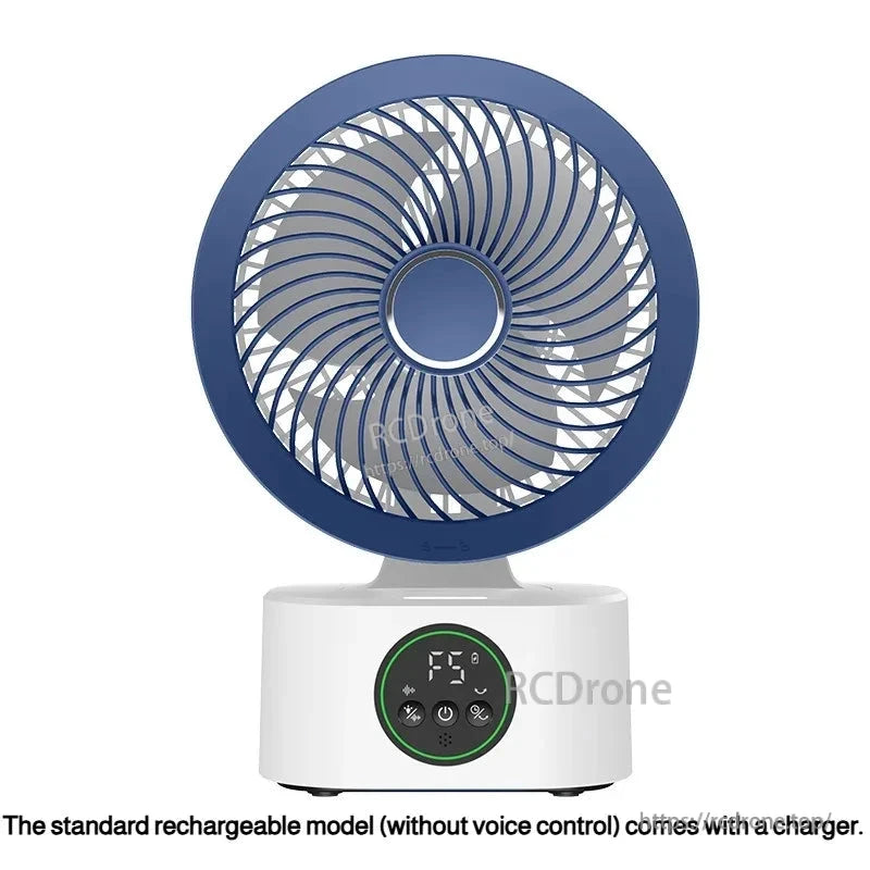 Blue fan front view with note: standard rechargeable model without voice control includes a charger