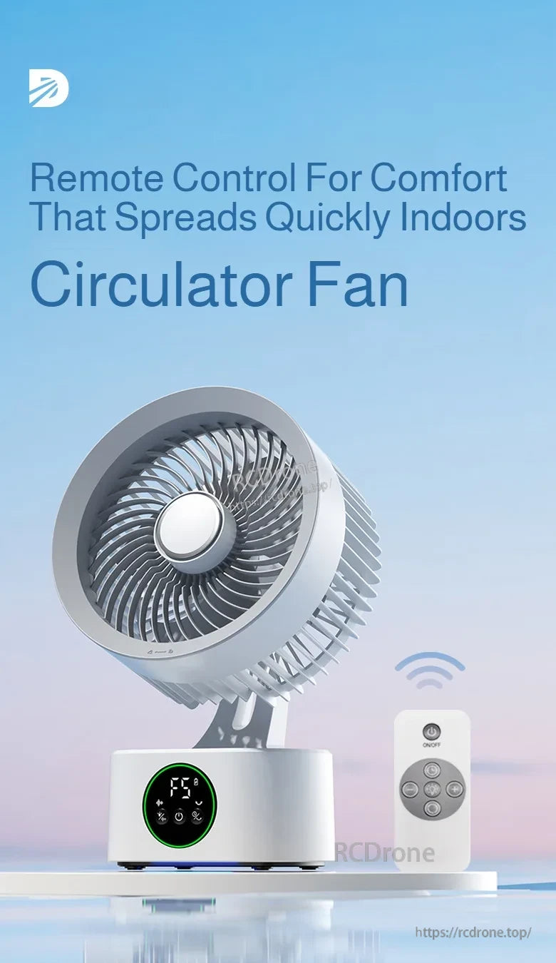 Portable wall-hanging circulator fan with remote control and digital display base