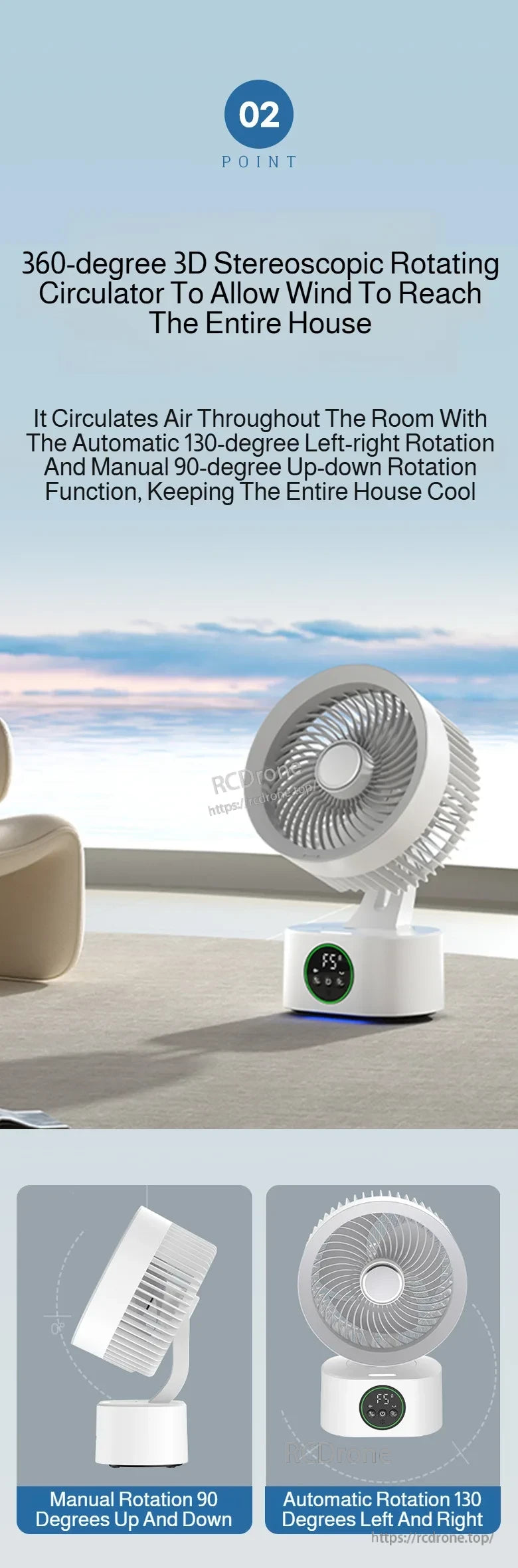 360° 3D rotating fan with 130° left-right oscillation and 90° manual up-down tilt