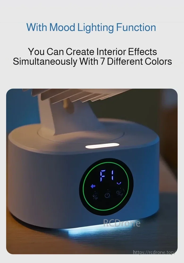 7-color mood light on the fan base with illuminated digital display at night