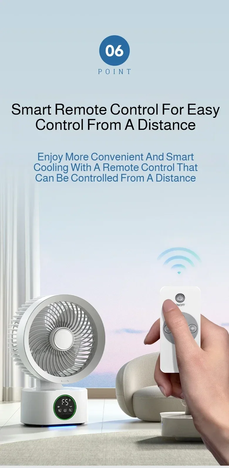 Hand using wireless remote to control the portable circulator fan from a distance