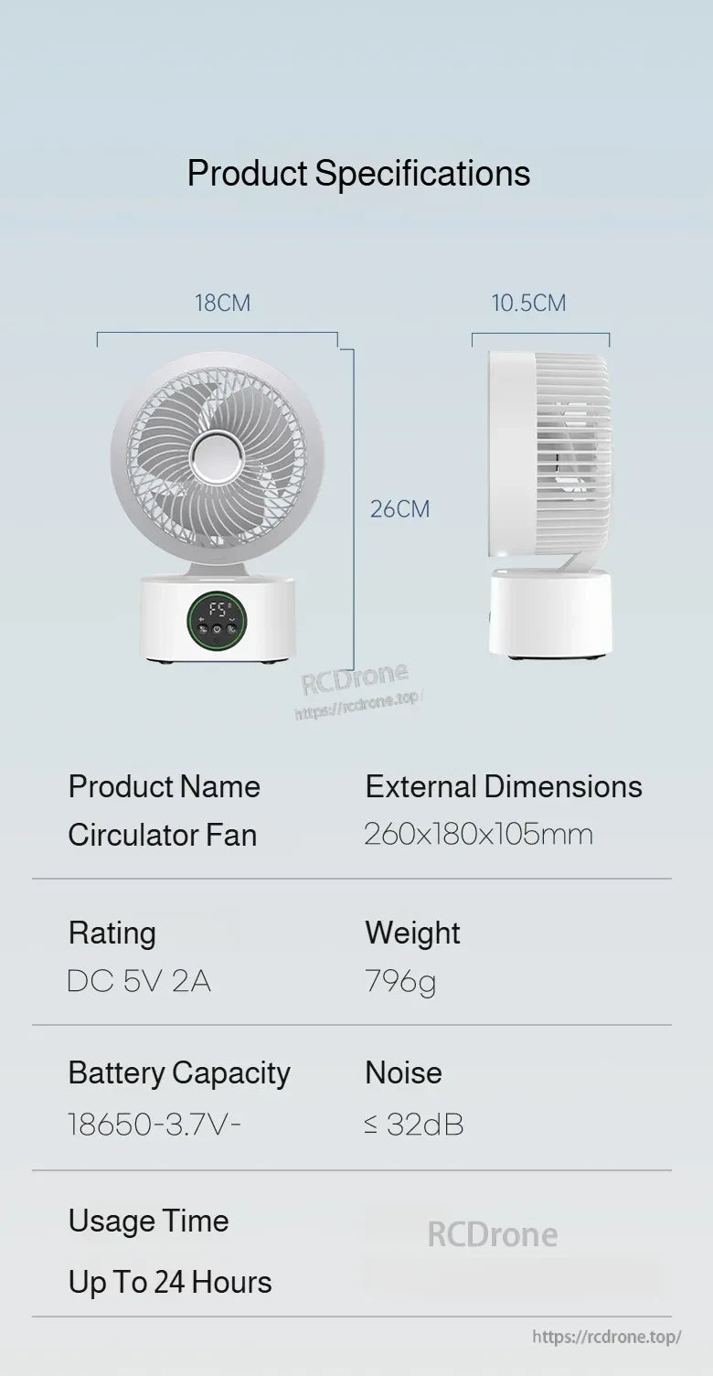 Circulator fan size and specs chart showing 26×18×10.5 cm dimensions, DC 5V 2A power and 796 g weight
