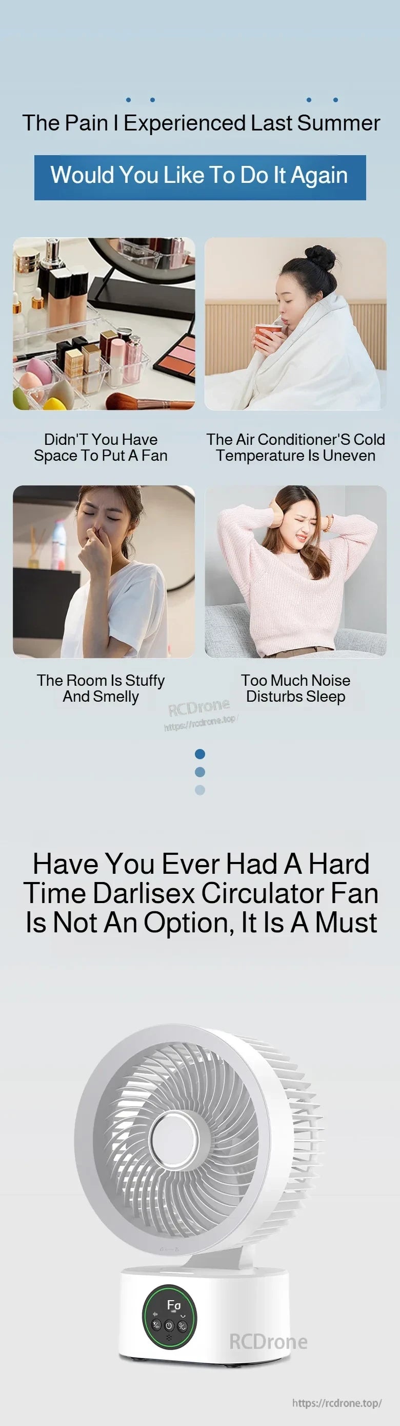 Home comfort use cases for a circulator fan: stuffy room, uneven AC, and noisy fans