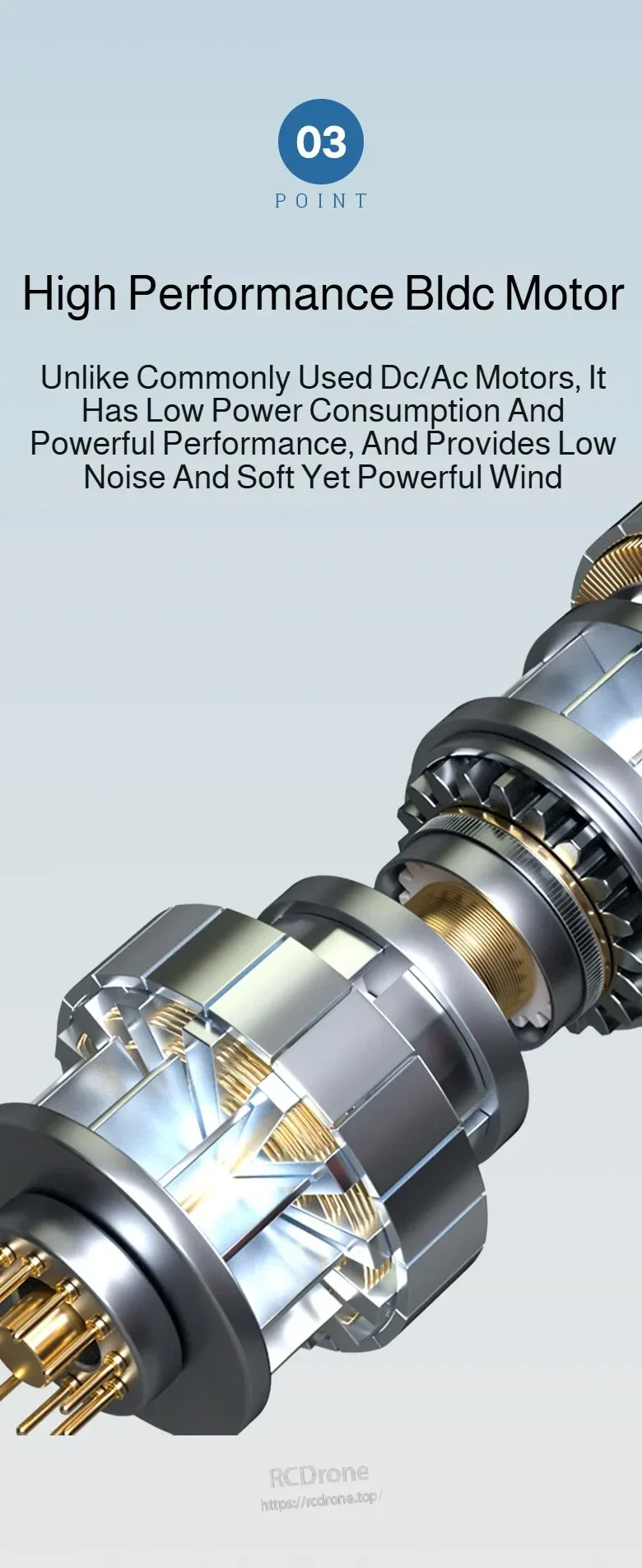 BLDC motor cutaway illustration for the circulator fan, designed for efficient and quiet operation