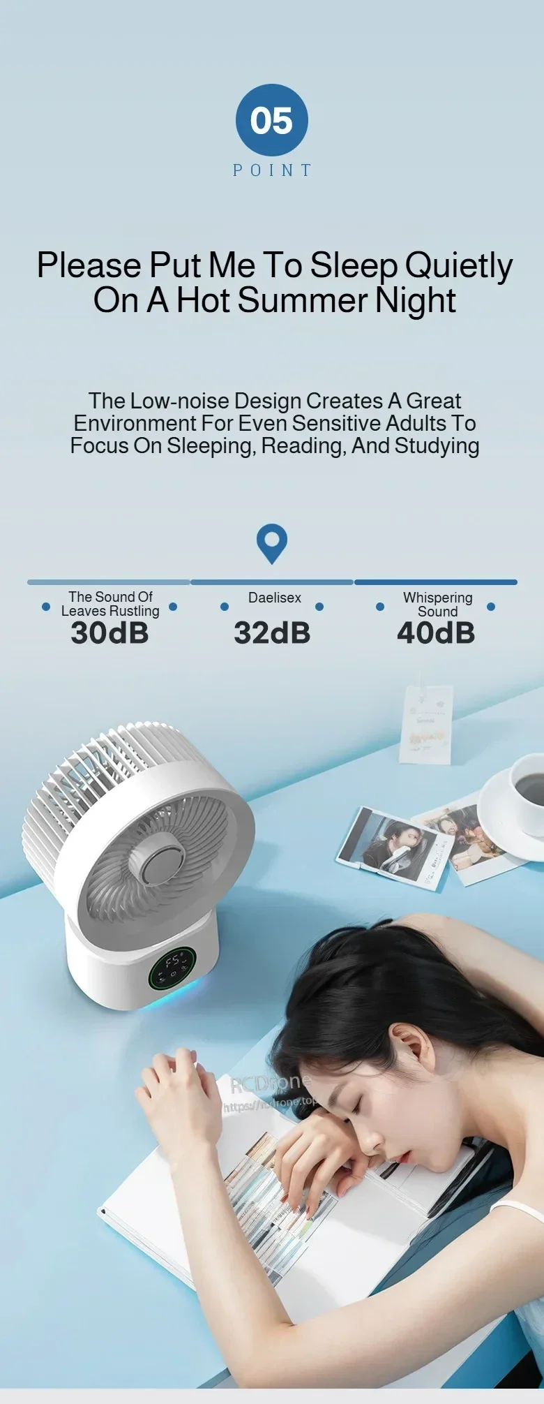Low-noise performance graphic referencing 32 dB for quiet sleep, reading, or study