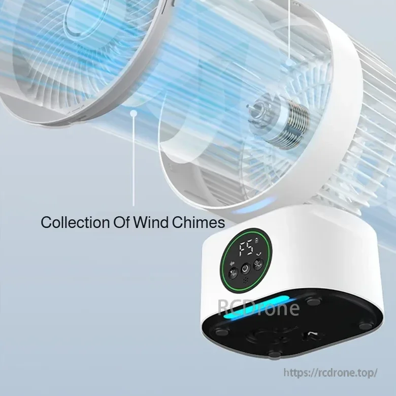 Angled view of fan head and base with airflow graphic and round control display