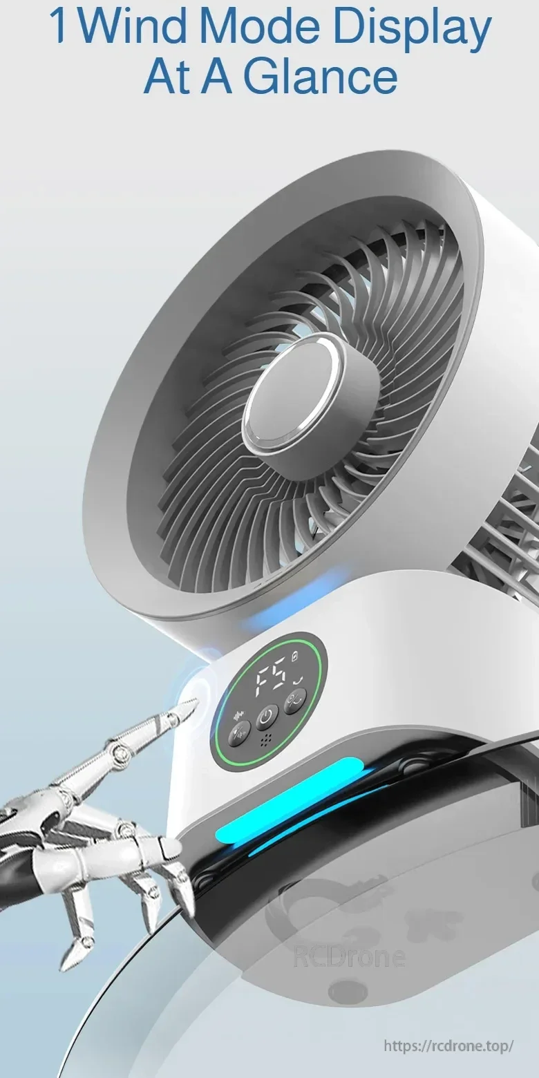 Fan base wind mode display close-up with touch panel and LED light strip