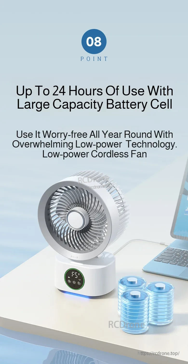Cordless portable circulator fan on desk with digital display, claiming up to 24 hours use and large battery cell