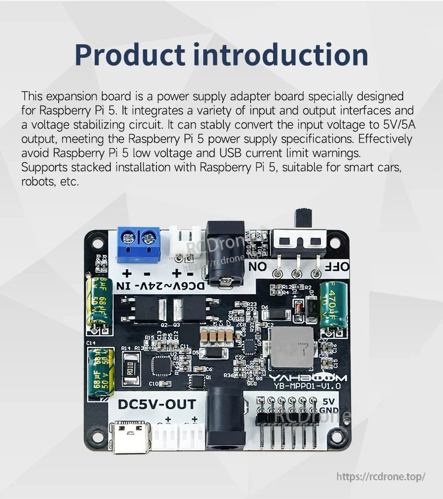 Product introduction graphic highlighting wide DC input conversion to stable 5V output for Raspberry Pi 5 projects