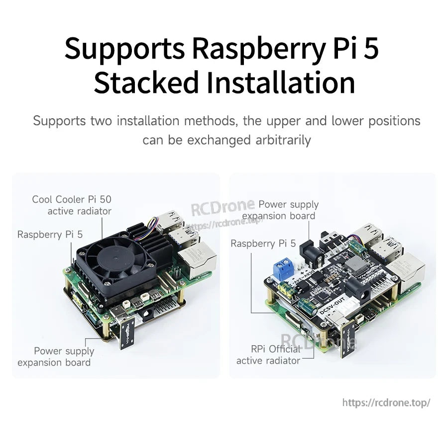 Stacked installation examples with Raspberry Pi 5, demonstrating two mounting orientations and cooler clearance