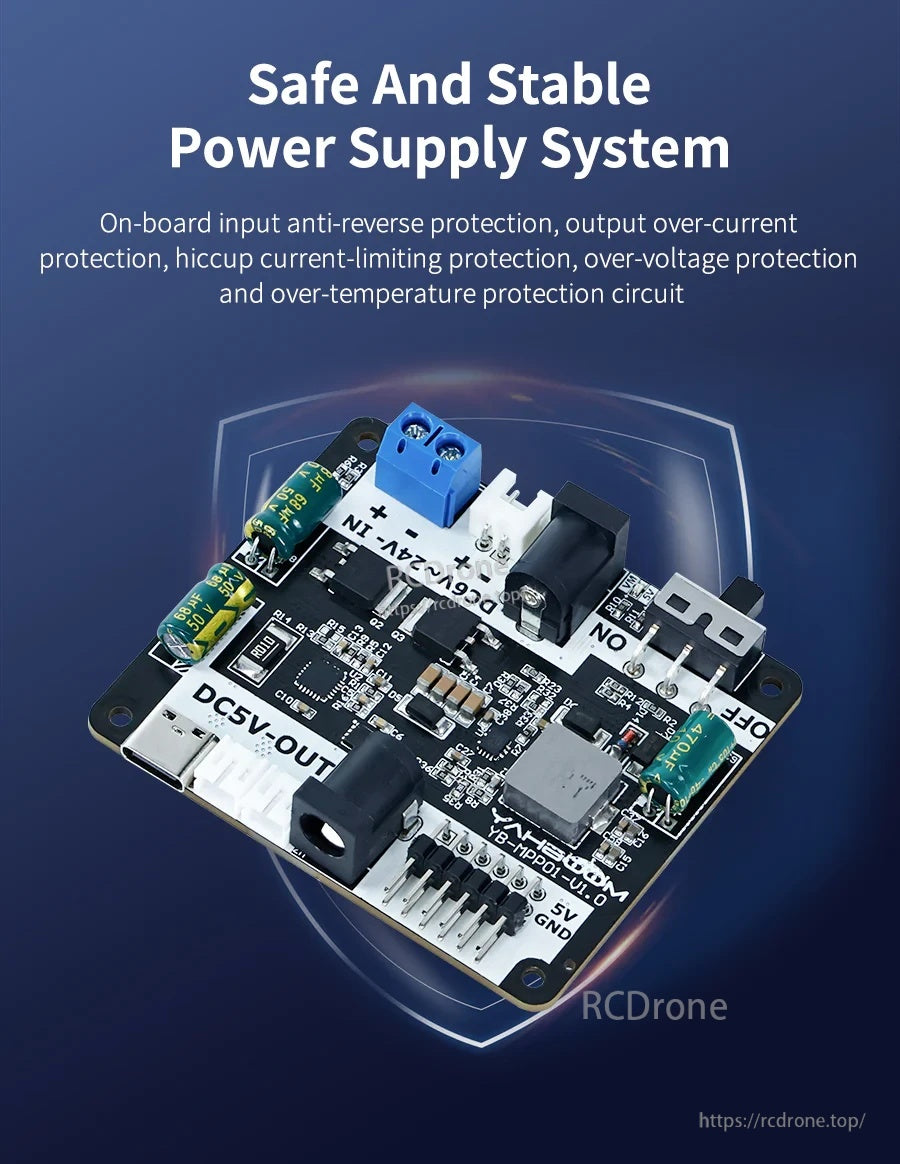 Safe and stable power system graphic noting reverse-polarity, over-current, over-voltage, and over-temperature protection