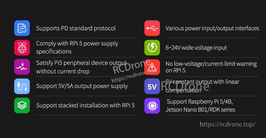 Key features list: PD support, 6–24V wide input, 5V/5A output, multiple I/O ports, stacked install support