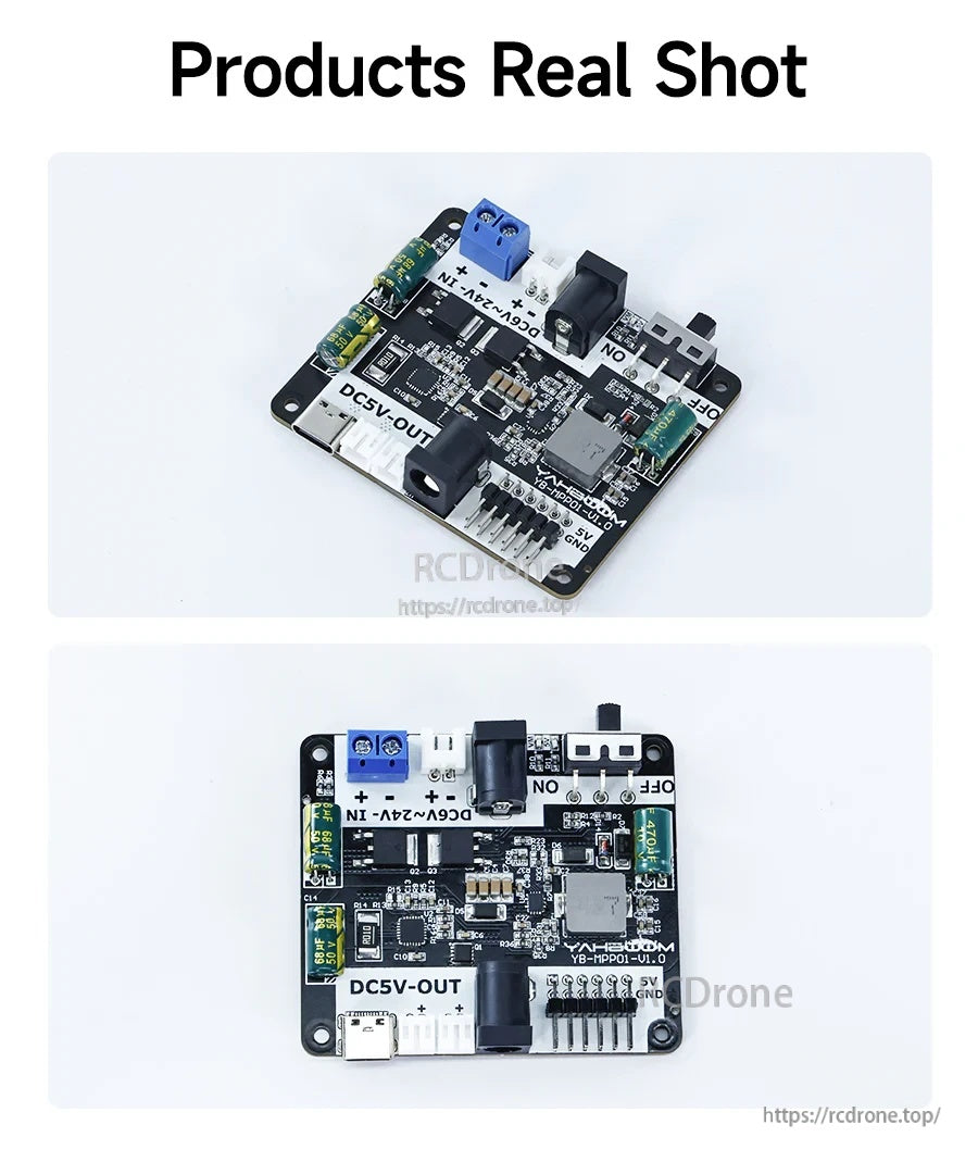 Real product photos: angled and top-down views of the power supply expansion board with connectors and components visible