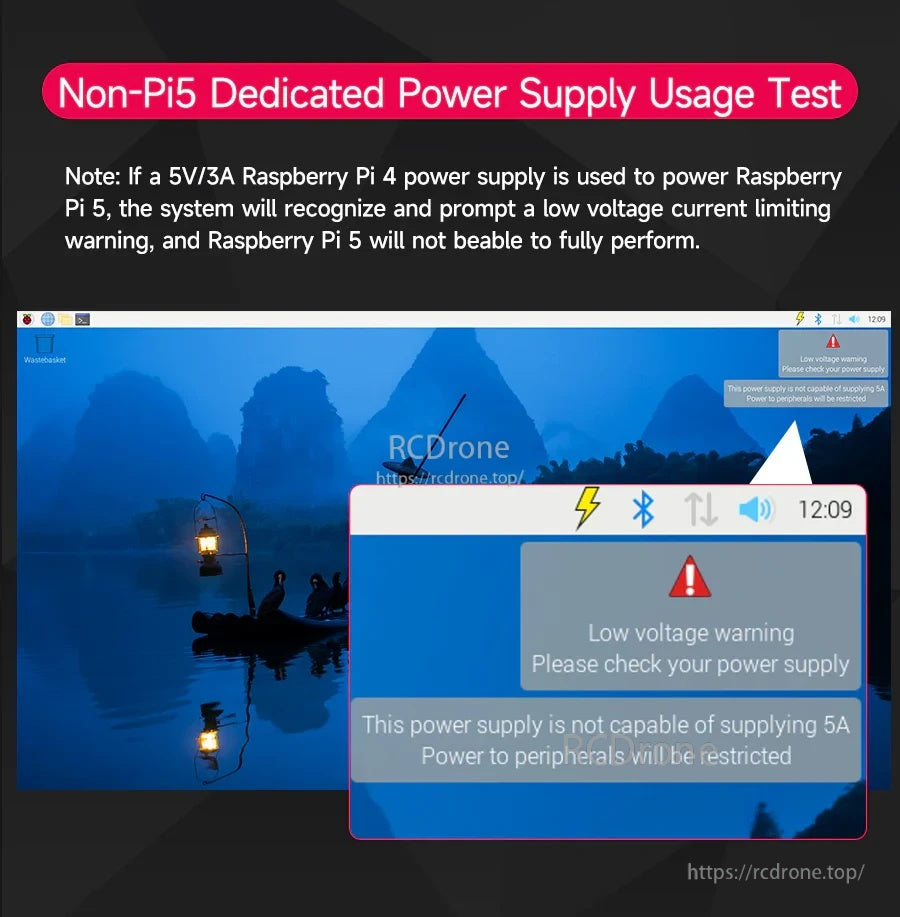Raspberry Pi 5 desktop low-voltage warning example when using a non-Pi 5 dedicated power supply