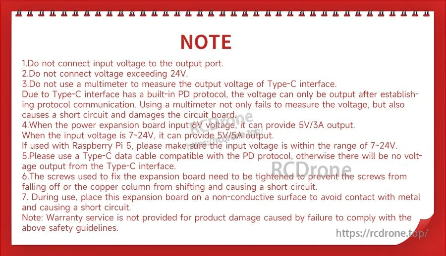 Usage notes and safety warnings: correct input range, Type‑C PD cable requirement, and avoiding wrong-port connections