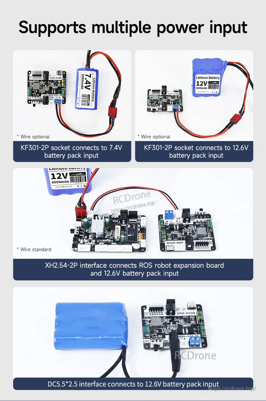 Multiple power input options with battery packs: KF301-2P terminal, XH2.54-2P connector, and DC 5.5×2.5 jack