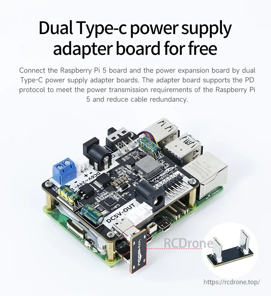 Dual Type-C adapter board setup connecting Raspberry Pi 5 and the power expansion board with PD-capable Type-C