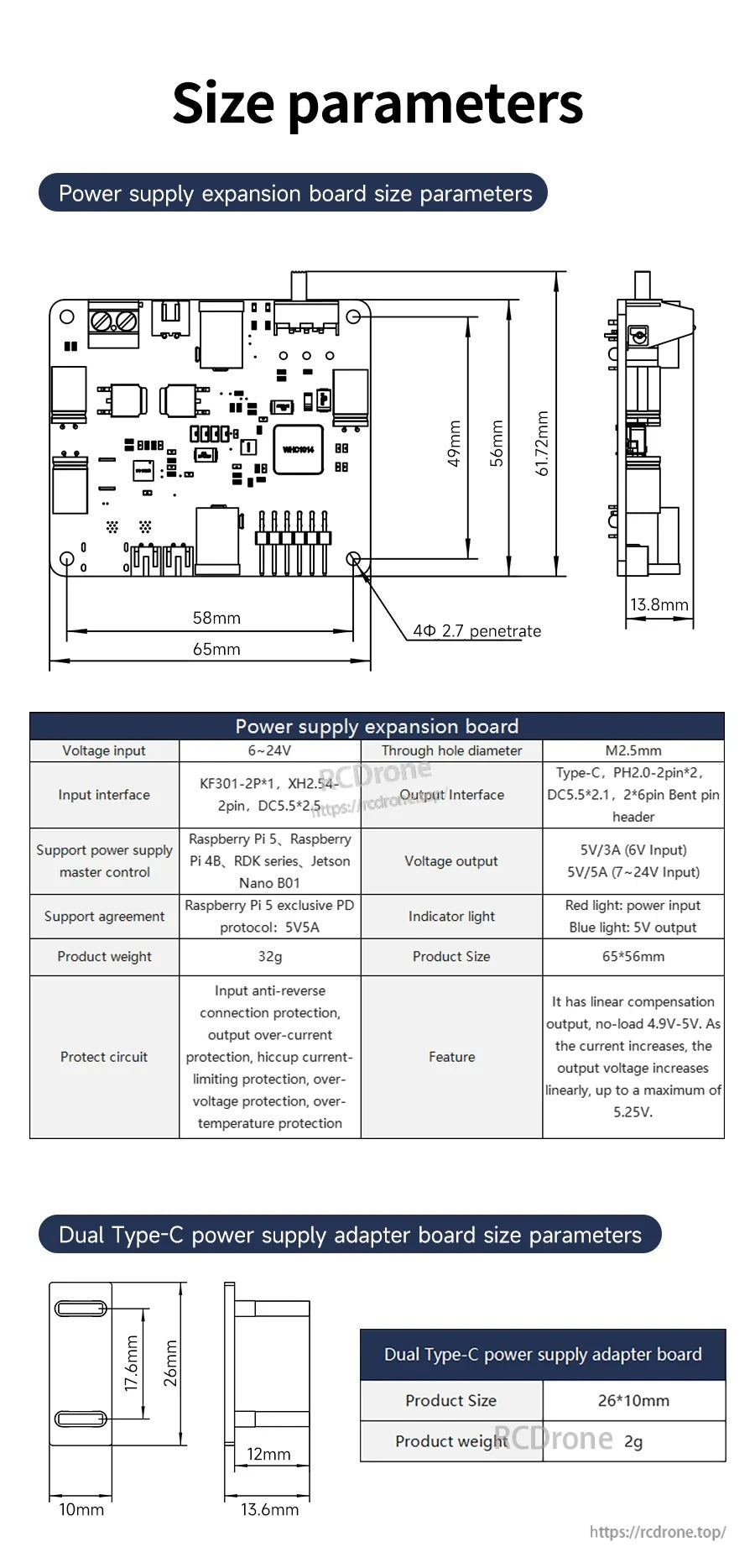 Size parameters drawing with board dimensions, mounting hole positions, and component height callouts