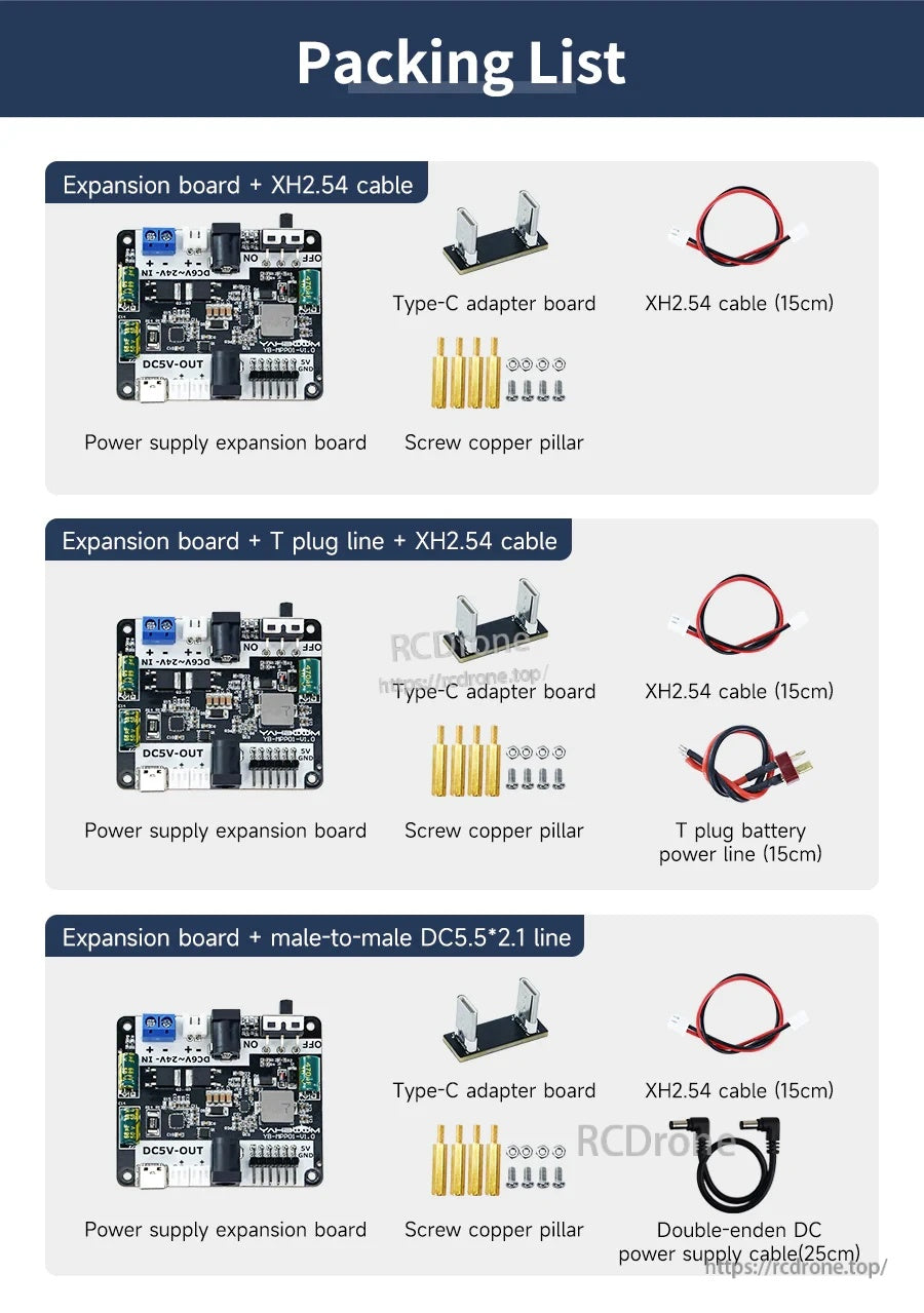 Packing list showing included expansion board, Type‑C adapter board, cables, screws, and standoffs (bundle dependent)