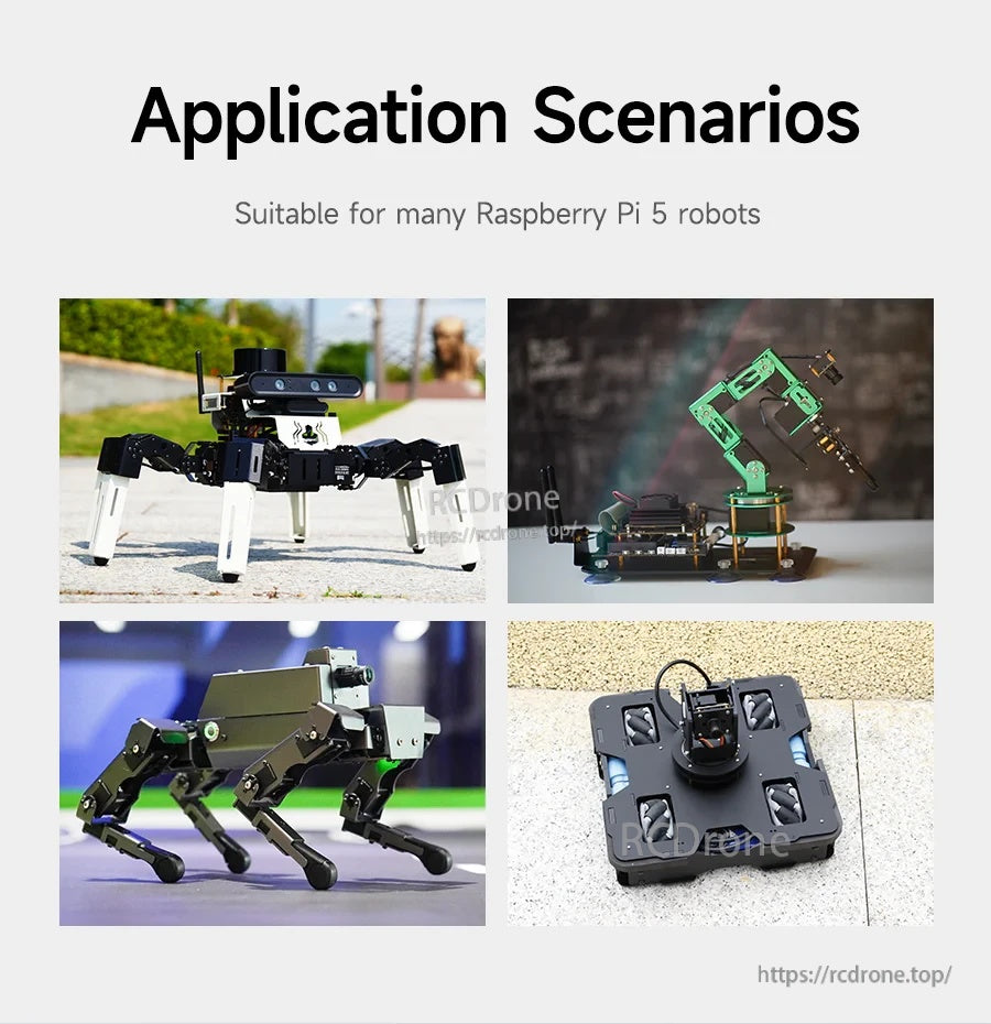 Application scenarios collage for Raspberry Pi 5 robots and mobile platforms such as smart cars and robotic arms