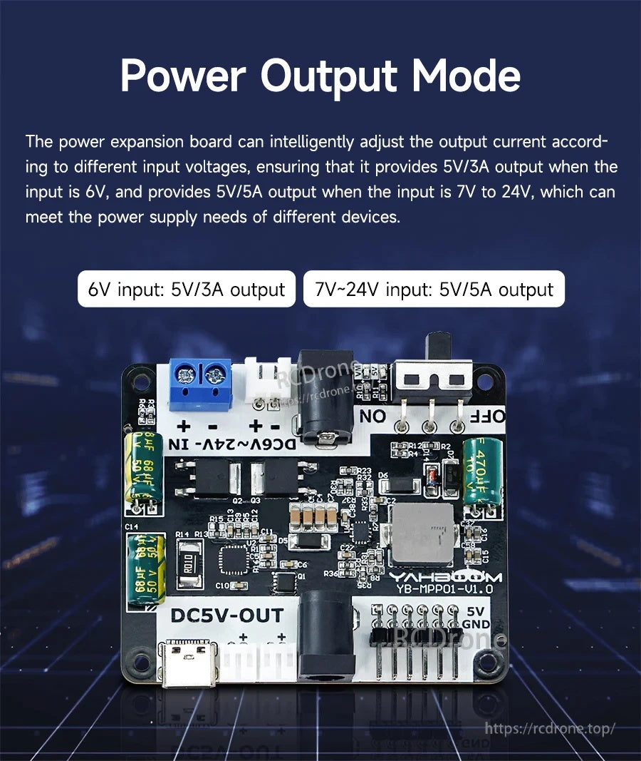 Output mode chart: 6V input provides 5V/3A, while 7–24V input provides 5V/5A for stable powering