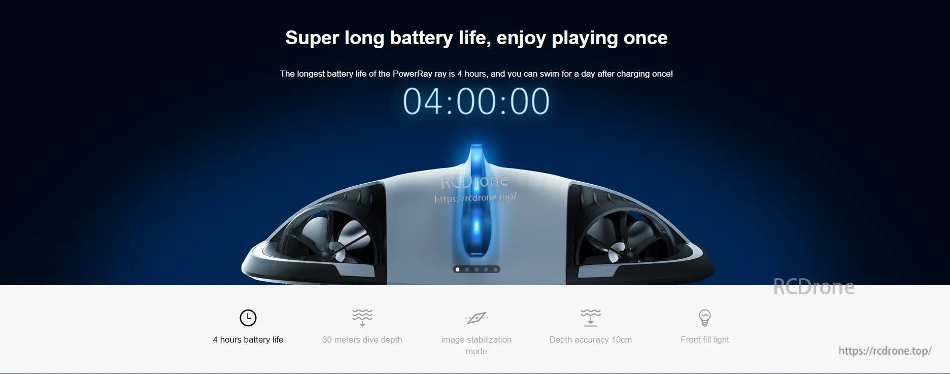 PowerVision PowerRay Underwater Camera Drone, PowerRay offers a 4-hour battery, 30m dive depth, image stabilization, 10cm depth accuracy, and a front fill light for enhanced underwater exploration. (24 words)