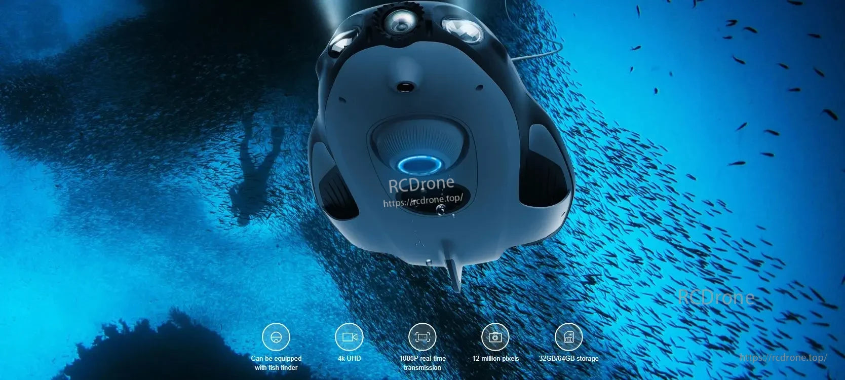 PowerVision PowerRay Underwater Camera Drone, The PowerRay has a 4K UHD camera with real-time 12-million-pixel images and up to 64GB storage.