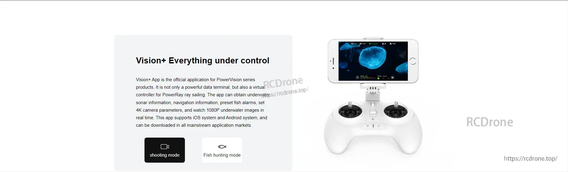 PowerVision PowerRay Underwater Camera Drone, The Vision+ App controls PowerVision devices with real-time sonar, navigation, fish alarms, 4K/1080P video, and shooting/fishing modes via smartphone or remote, compatible with iOS and Android.