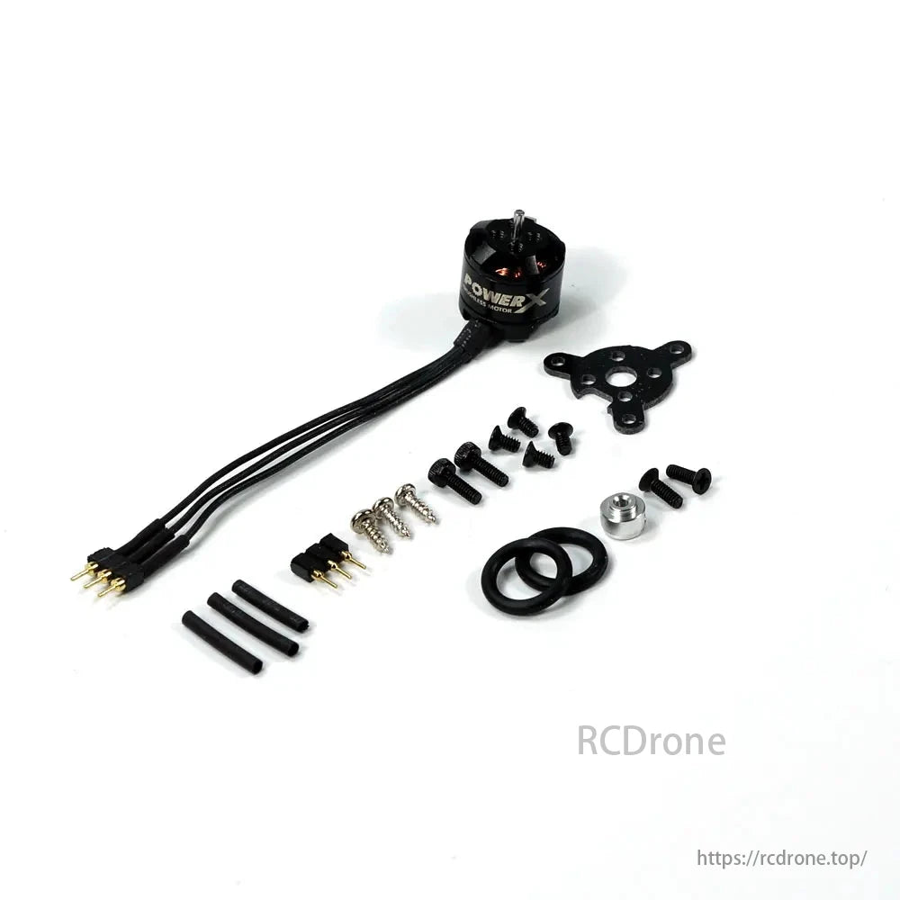 PowerX MC1106 3800KV 1S–2S Brushless Motor, PowerX MC1106 motor kit includes 5A ESC, screws, prop mount, and rubber rings for RC use.