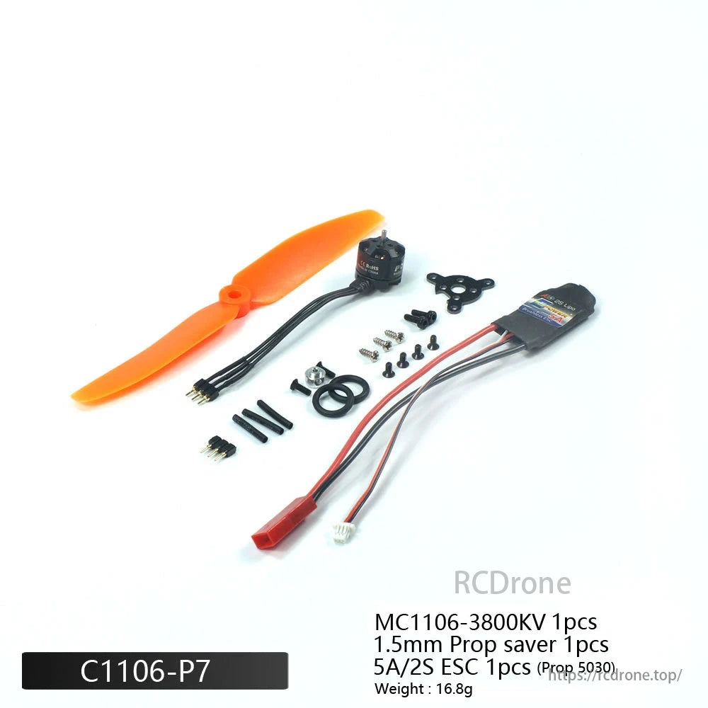 PowerX MC1106 3800KV 1S–2S Brushless Motor, PowerX MC1106 3800KV brushless motor kit includes ESC, propeller, and mount for micro RC planes and FPV drones.