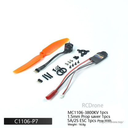 PowerX MC1106 3800KV 1S–2S Brushless Motor, PowerX MC1106 3800KV brushless motor kit includes ESC, propeller, and mount for micro RC planes and FPV drones.