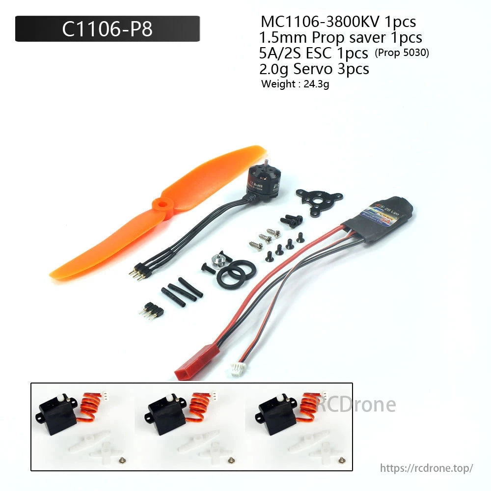 PowerX MC1106 3800KV 1S–2S Brushless Motor, PowerX MC1106 motor kit includes ESC, prop, mount, prop saver, and servos; total weight 24.3g.