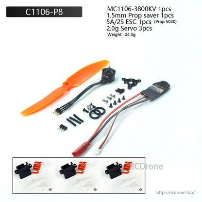 PowerX MC1106 3800KV 1S–2S Brushless Motor, PowerX MC1106 motor kit includes ESC, prop, mount, prop saver, and servos; total weight 24.3g.